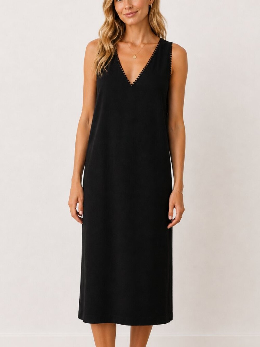 The Kooples Black Midi Slip Dress Embroidered V Neck - M - NWT